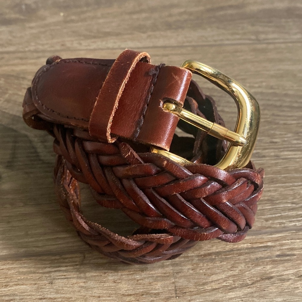 Talbots Brown Braided Leather Belt with Gold Buckle